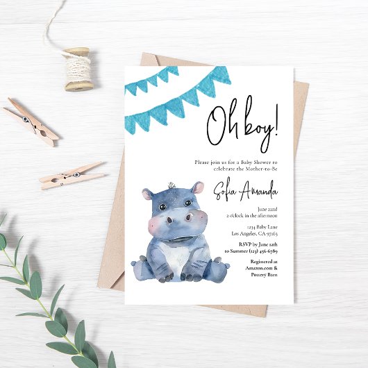 Invitation Baby shower Hippopotame animal mou de forêt