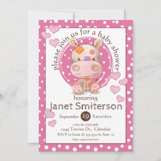 Invitation Baby-Shower Hippopotame Patchwork, rose (Devant)
