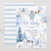 Invitation Baby shower Hiver Arctic Animal Clothesline (Devant / Derrière)