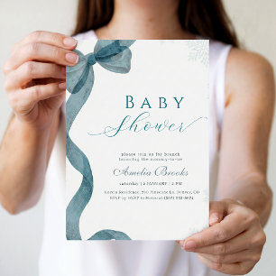 Invitation Baby Shower Hiver Flocon de Neige Ruban Bleu Moder