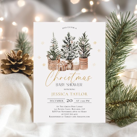 Invitation Baby shower hiver Rustique de Noël Arbres