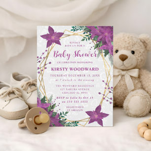 Invitation Baby Shower Hivernal Élégant Poinsettia Violet