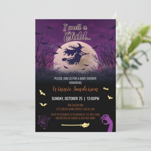 Invitation Baby shower Hocus Pocus (Debout devant)