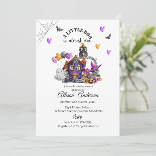Invitation Baby shower Holloween Citrouille Little Boo (Debout devant)