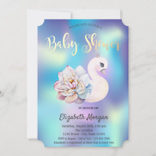 Invitation Baby shower holographique du cygne floral mignon