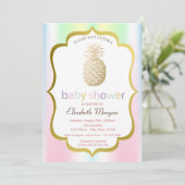 Invitation Baby shower holographique Tropical de l'ananas d'o (Debout devant)