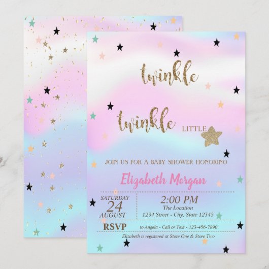 Invitation Baby shower holographique Twinkle Little Star (Devant / Derrière)