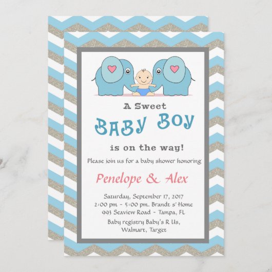 Invitation Baby shower honorant Garçon, bleu, blanc, couleur (Devant / Derrière)