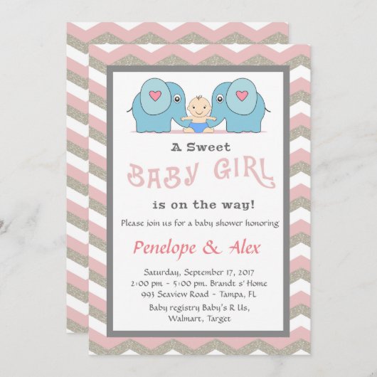 Invitation Baby shower honore Fille, rose, blanc, couleur (Devant / Derrière)