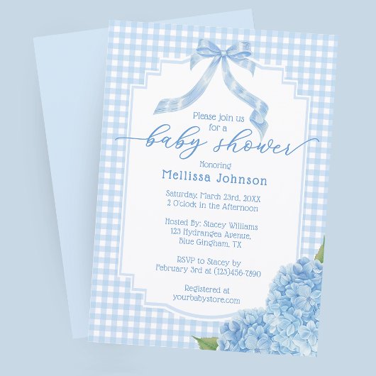 Invitation Baby Shower Hydrangea à carreaux Gingham Bleu