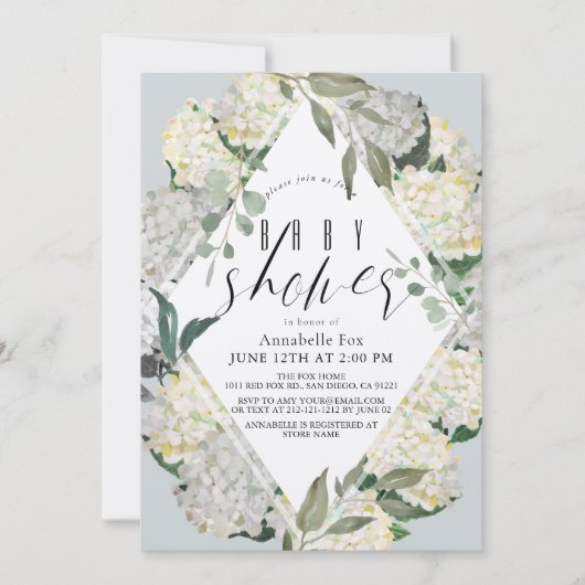 Invitation Baby shower Hydrangea Blue Rhonbus (Devant)