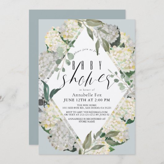 Invitation Baby shower Hydrangea Blue Rhonbus (Devant / Derrière)