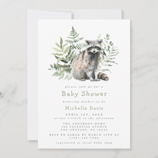 Invitation Baby shower hydrographique Woodland Raccoon (Devant)