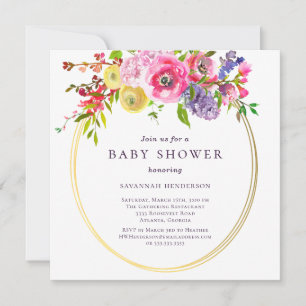 Invitation Baby Shower I Fleurs Rose Violet Avec Accents Doré