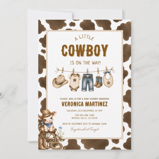 Invitation Baby Shower Impression Vache Marron Rustique (Devant)