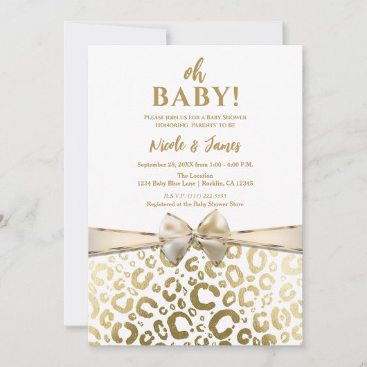 Invitation Baby Shower Imprimé Léopard Glam Or et Blanc (Devant)