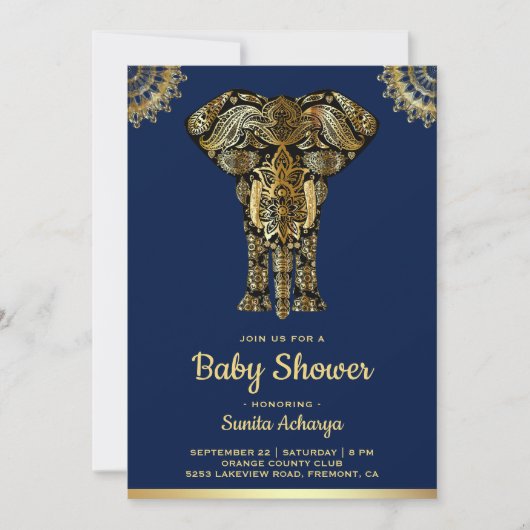 Invitation Baby shower indien Blue Gold Elephant (Devant)