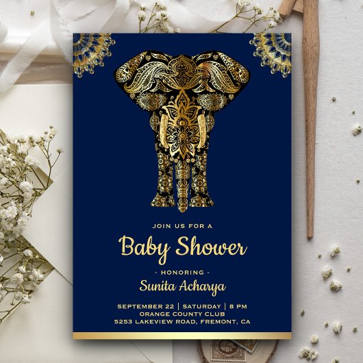 Invitation Baby shower indien Blue Gold Elephant