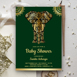 Invitation Baby shower indien Green Gold Elephant