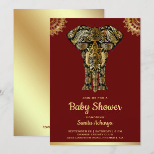 Invitation Baby shower indien Red Gold Elephant