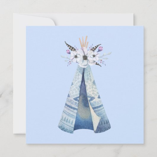 Invitation Baby shower indien Teepee Feathers Fleurs Bleu (Dos)