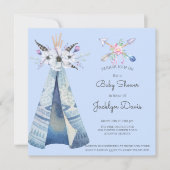 Invitation Baby shower indien Teepee Feathers Fleurs Bleu (Devant)