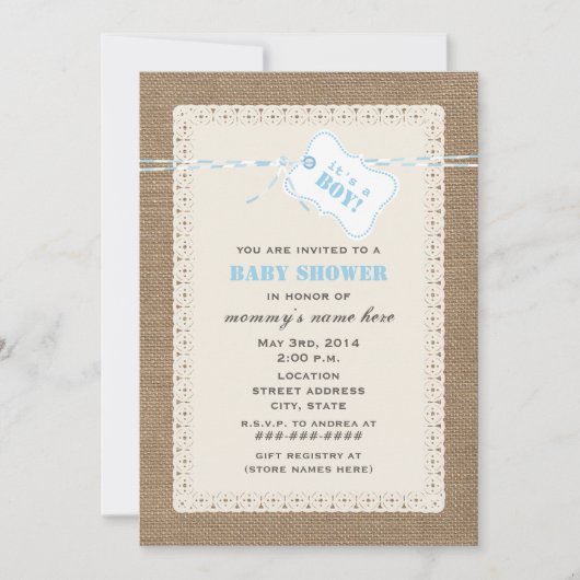 Invitation Baby shower inspiré Burlap Lace & Blue Twine (Devant)