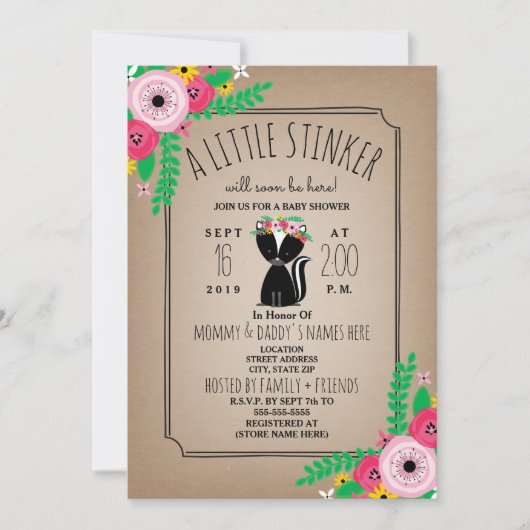 Invitation Baby shower inspiré de Boho Skunk Floral Cardstock (Devant)