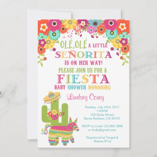 Invitation Baby shower Invitation~ Piñata de fiesta et fleurs (Devant)