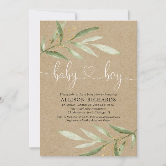 Invitation Baby shower invité garçon rustique kraft verdure (Devant)