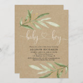 Invitation Baby shower invité garçon rustique kraft verdure (Devant / Derrière)