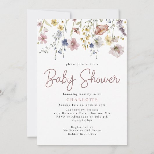 Invitation Baby shower Jardin Fleur sauvage aquarelle (Devant)