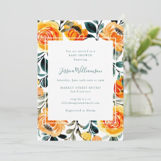 Invitation Baby shower Jardin Floral Orange Moderne (Debout devant)