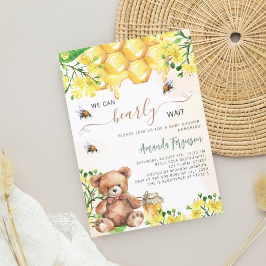 Invitation Baby shower jaune de l'abeille en peluche