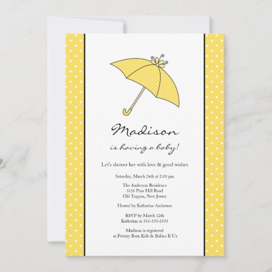 Invitation Baby shower jaune de parapluie de pois (Devant)