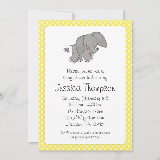 Invitation Baby shower jaune de pois d'éléphant (Devant)