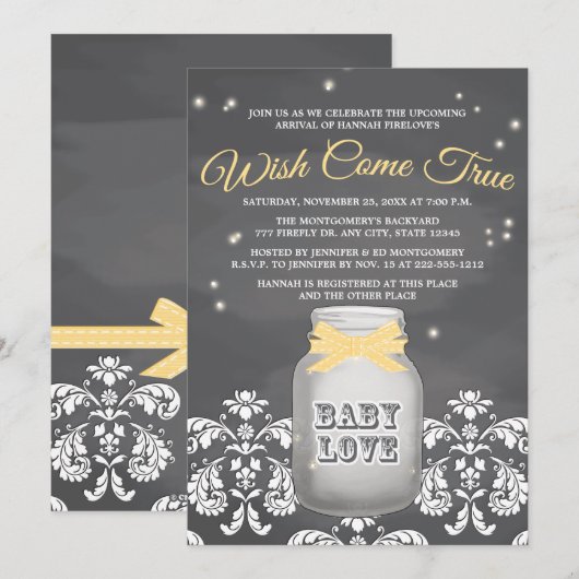 Invitation Baby shower JAUNE de pot de maçon de luciole de (Devant / Derrière)