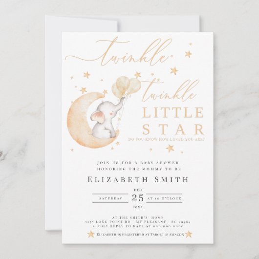 Invitation Baby shower jaune d'éléphant Twinkle Little Star (Devant)