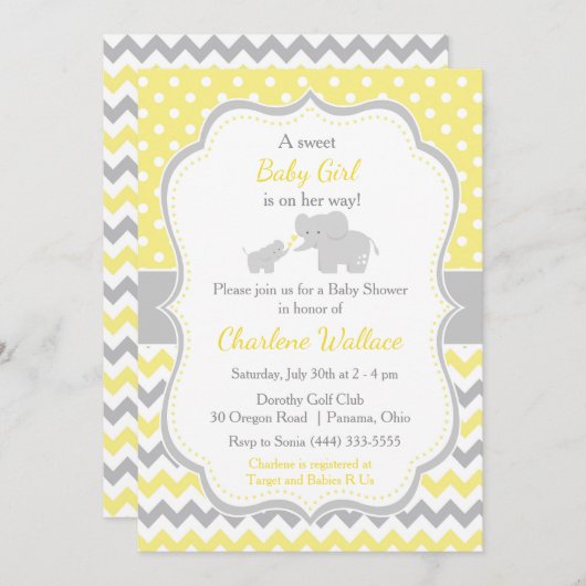 Invitation Baby shower jaune et gris éléphant (Devant / Derrière)