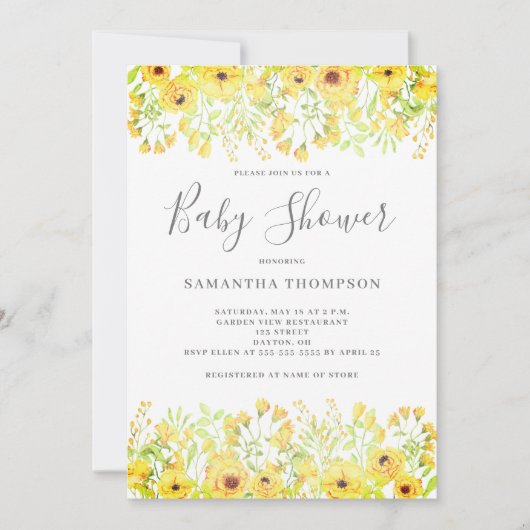 Invitation Baby shower jaune floral neutre genre (Devant)