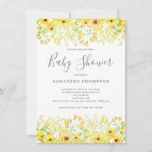 Invitation Baby shower jaune floral neutre genre