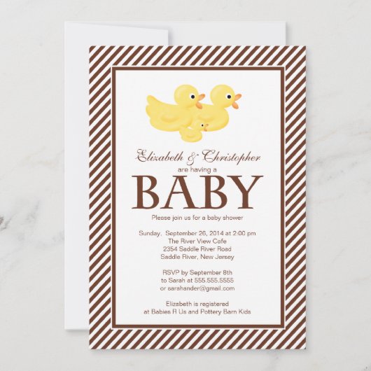Invitation Baby shower jaune moderne de couples de canards (Devant)