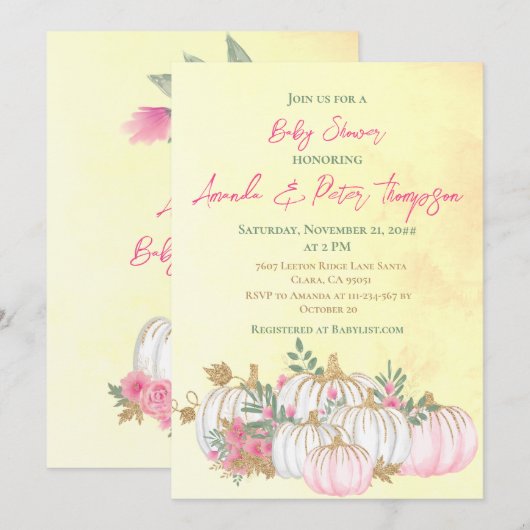 Invitation Baby shower jaune or rose rose Citrouille moderne (Devant / Derrière)