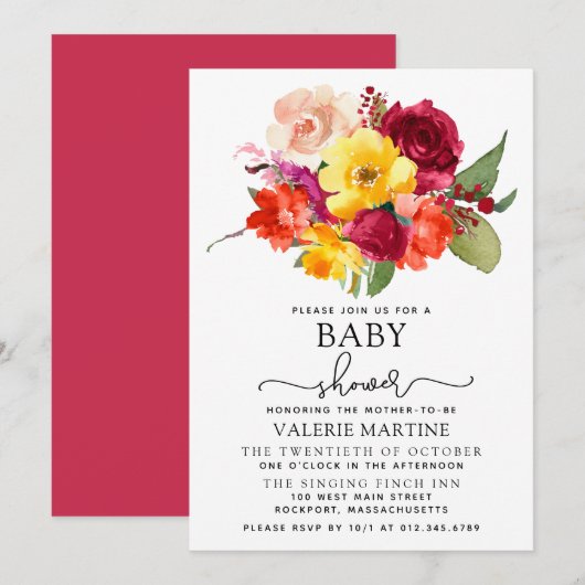 Invitation Baby shower jaune orange rose bordeaux (Devant / Derrière)