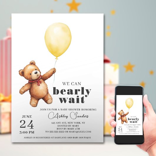 Invitation Baby shower Jaune Ours Teddy