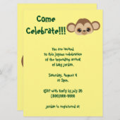 Invitation Baby shower jaune singe bébé (Devant / Derrière)