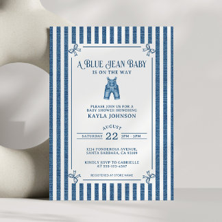 Invitation Baby Shower Jean Bleu Rayure Côtière Sombre Nœuds