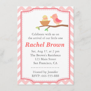 Invitation Baby Shower - Joli oiseau rose avec nouveau-né