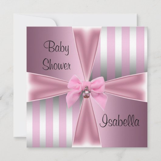 Invitation Baby shower Joli Satin Rose Argent Striver Bow (Devant)