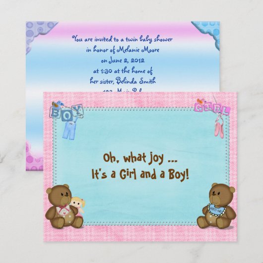 Invitation Baby shower jumeau (Devant / Derrière)